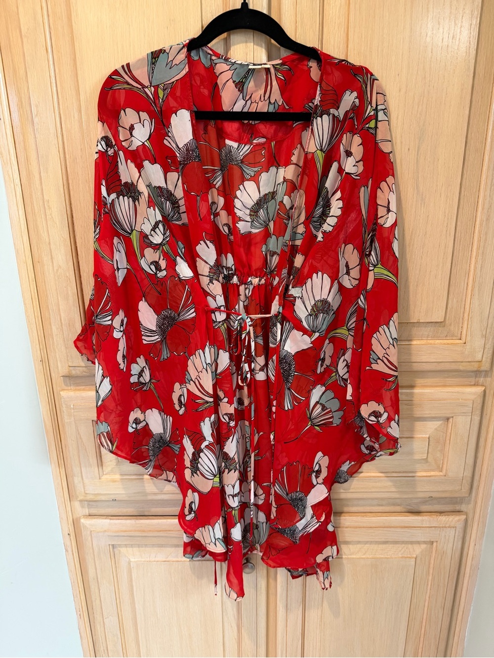 Anthropologie Sheer floral Kimono in red poppy print